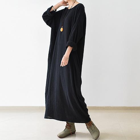 2021 Fall New Black Linen Dresses Plus Size Casual Maxi Dress