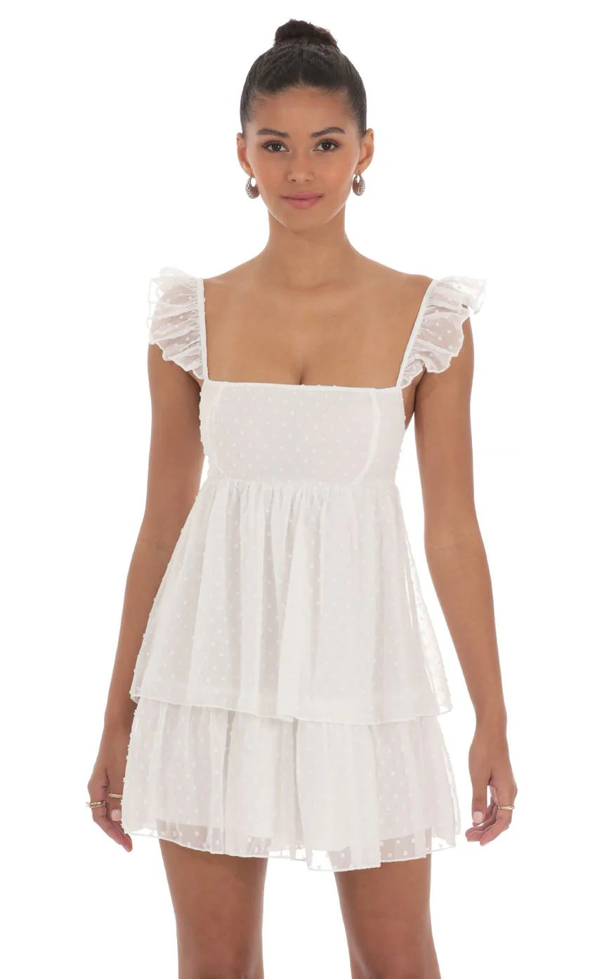Dotted Ruffle Dress in White