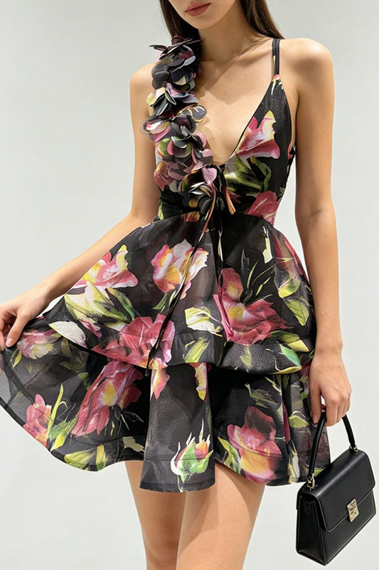 Corset Deep V Tiered 3D Floral Dress