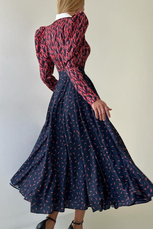 Contrast Collar Long Sleeve A Line Floral Dress