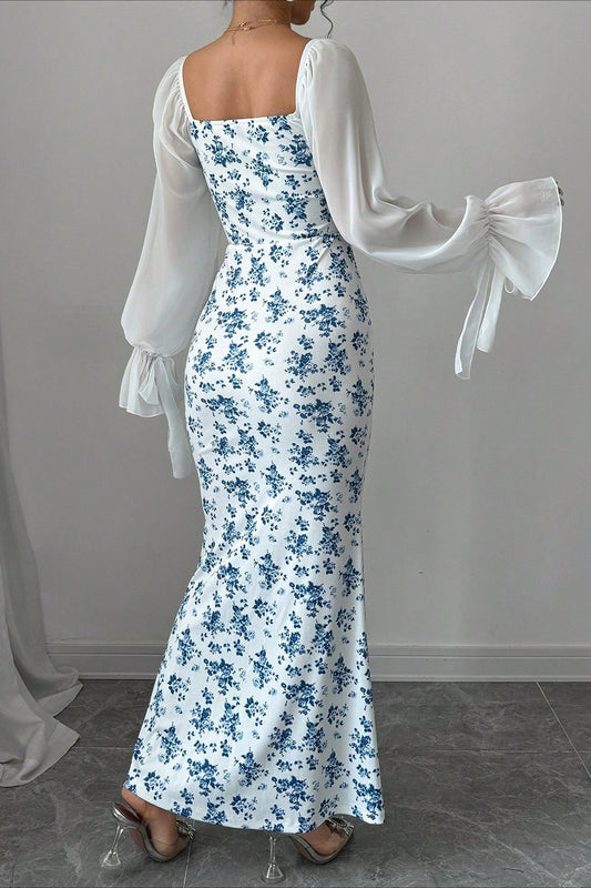 Chiffon Knit Patchwork V Neck Bodycon Floral Dress