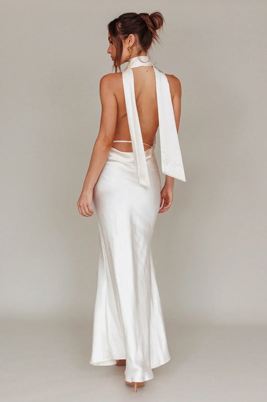 Italia Azure Halterneck Maxi Dress Oyster