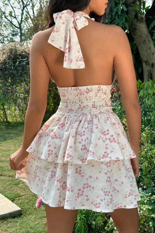 Double Layer Ruffle Strap Backless Mini Floral Dress