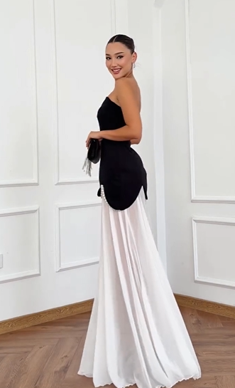 French Elegant Strapless Pearl Trim Color Block Waist-Cinching Flare Evening Gown | Luxury Trailing Maxi Dress