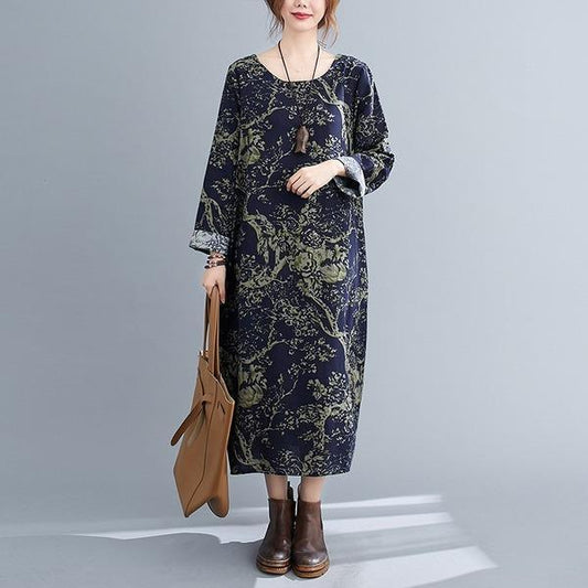 2020 Autumn Vintage Style O-neck Print Loose Comfortable Female Long Dresses