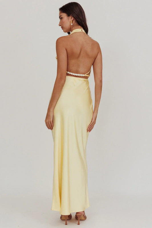 Gelato Pearl Strap Halter Maxi Dress Butter