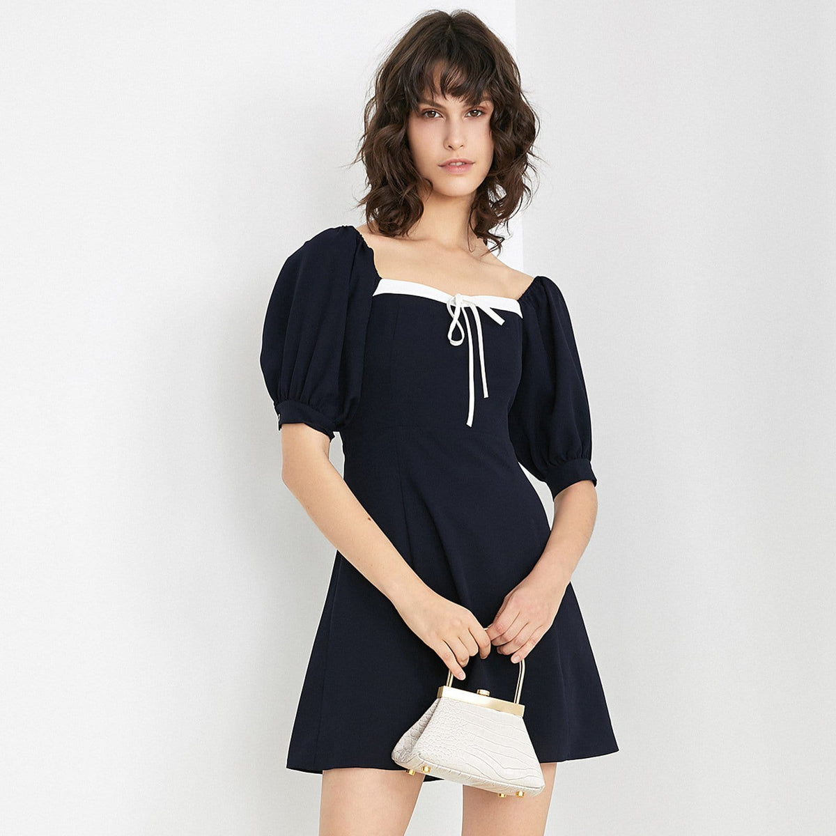 Draping Neckline Navy Mini Dress