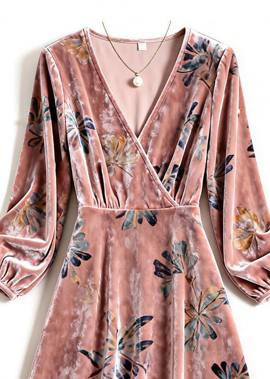 Beautiful Pink V Neck Print Silk Velvet Dresses Spring