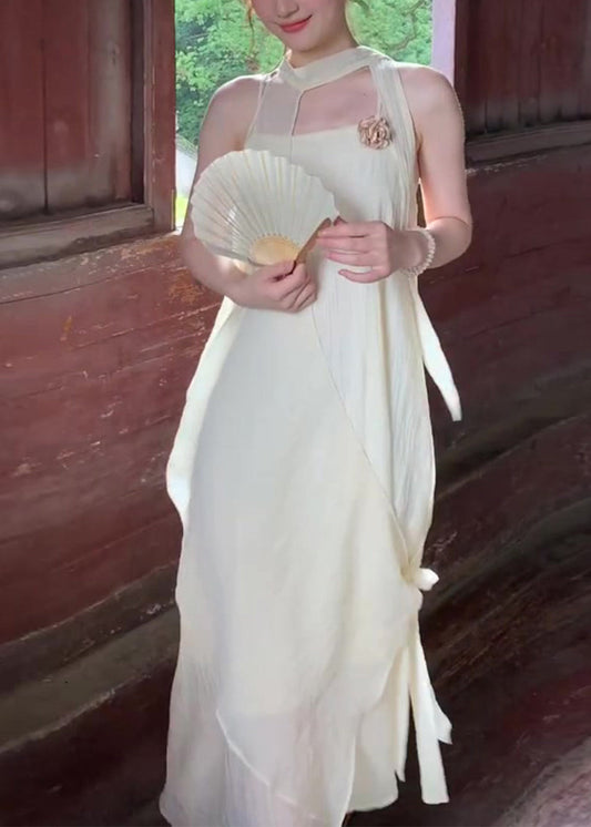 Beige Chiffon Holiday Halter Dress Two Piece Set Asymmetrical Summer