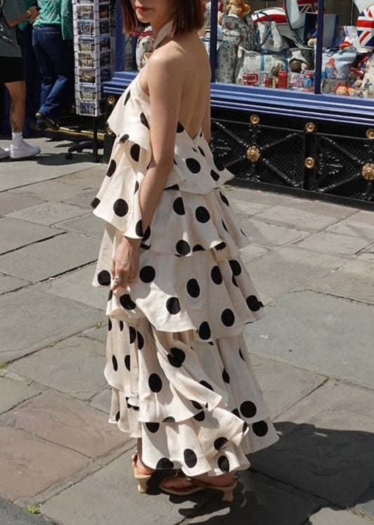Bohemian Beige Layered Ruffled Print Cotton Halter Dresses Summer