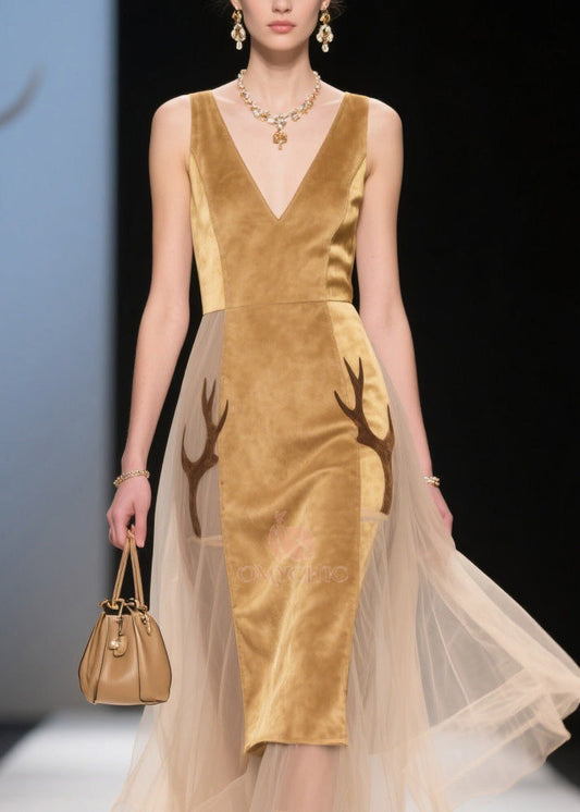 Bohemian V Neck Tulle Patchwork Velvet Dress Sleeveless