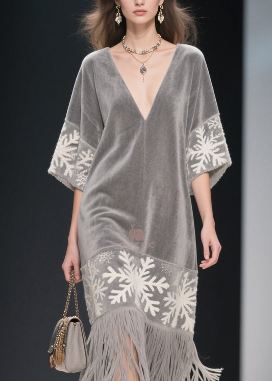 Boutique Grey V Neck Tassel Patchwork Velvet Dress Summer
