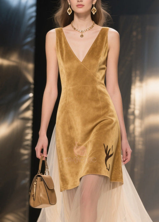 Chic Yellow V Neck Tulle Patchwork Velvet Dresses Sleeveless