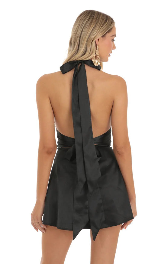 Satin Dress with Lace in Black