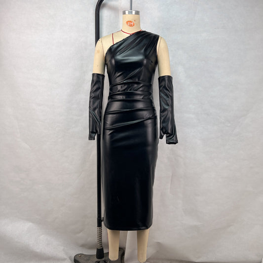 Crossbody Leather Dress Tight Wrapped Chest Pleated Sheath Split Dress