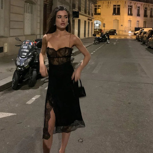 2024 Black Spaghetti Strap Backless Split Lace Dress