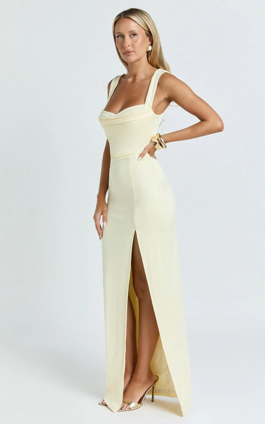 Donna Maxi Dress - Cowl Neck Column High Split Dress In Lemon