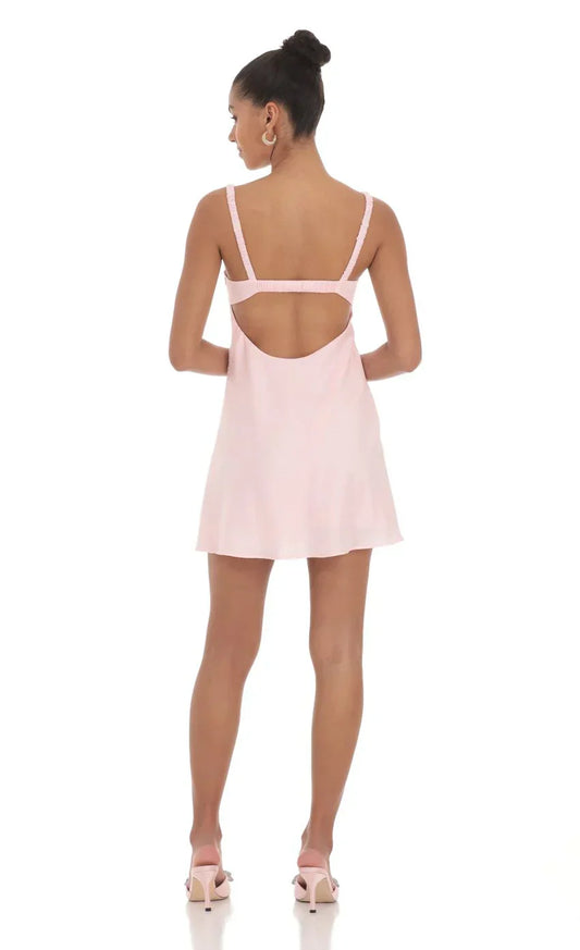Jacquard Babydoll Satin Dress In Pink