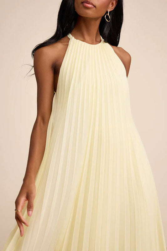 Dorala Light Yellow Pleated Lace-Up Tiered Maxi Dress