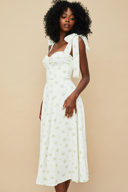 Ditsy Floral Tie Strap Fit & Flare High Slit Slip Midi Sun Dress - Yellow