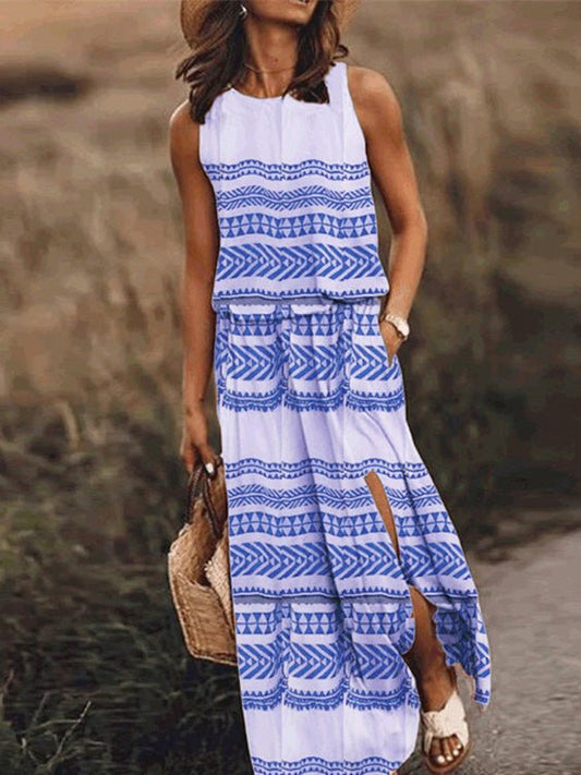 Casual Crew Neck Printed Slit Dress