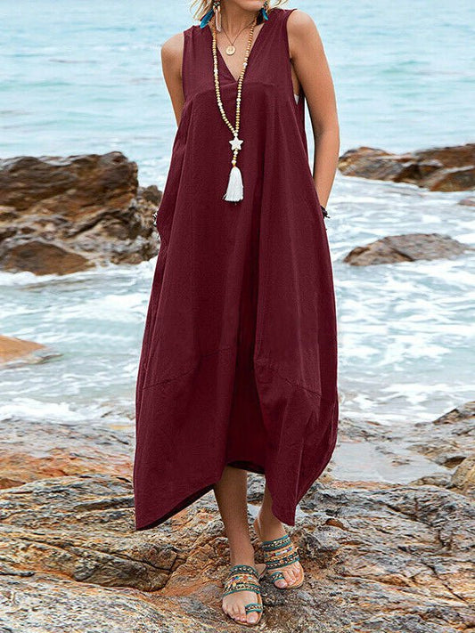 Casual V Neck Sleeveless Pocket Dress
