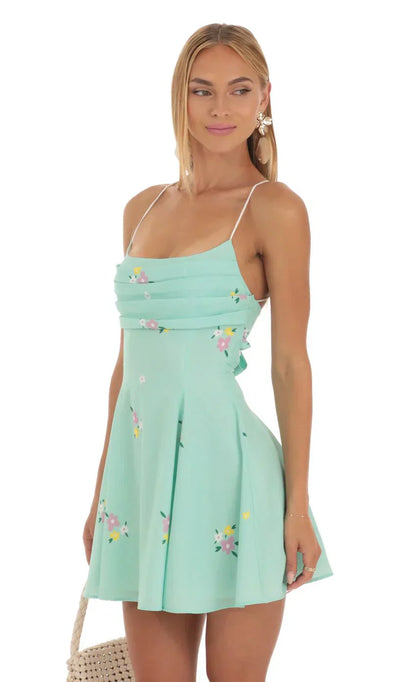 Draped A-Line Dress in Mint Floral Print