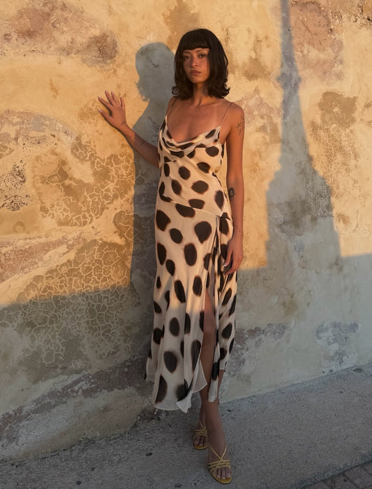 Draped Cowl Neck Polka Dot Print Slit Chiffon Slip Dress