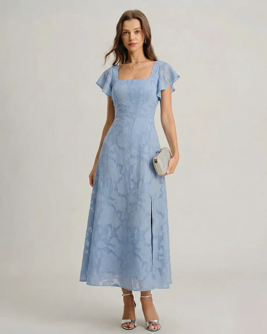 Dusty Blue Square Neck Flutter Sleeve Burnout Floral Back Tie Slit Midi Dress