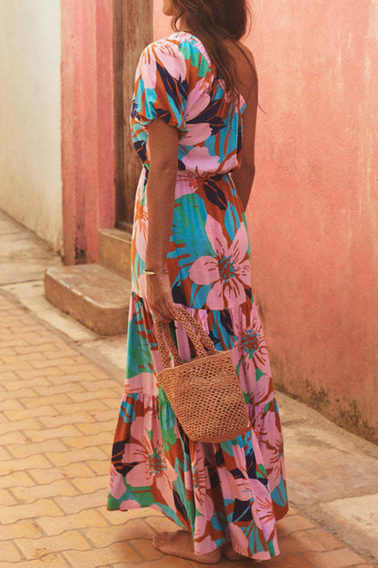 Dolores Statement Casual Holiday Dresses with Floral Frenulum, Backless, a Line Dress with Slanted Collar Occasion Edit