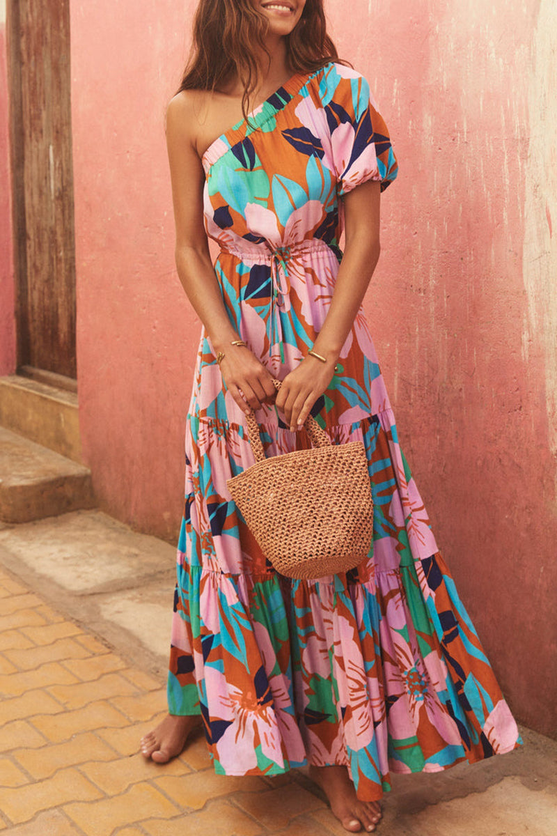 Dolores Statement Casual Holiday Dresses with Floral Frenulum, Backless, a Line Dress with Slanted Collar Occasion Edit