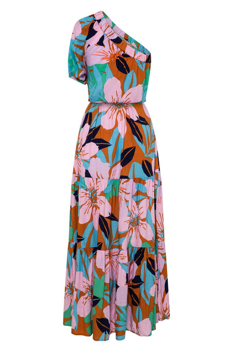 Dolores Statement Casual Holiday Dresses with Floral Frenulum, Backless, a Line Dress with Slanted Collar Occasion Edit