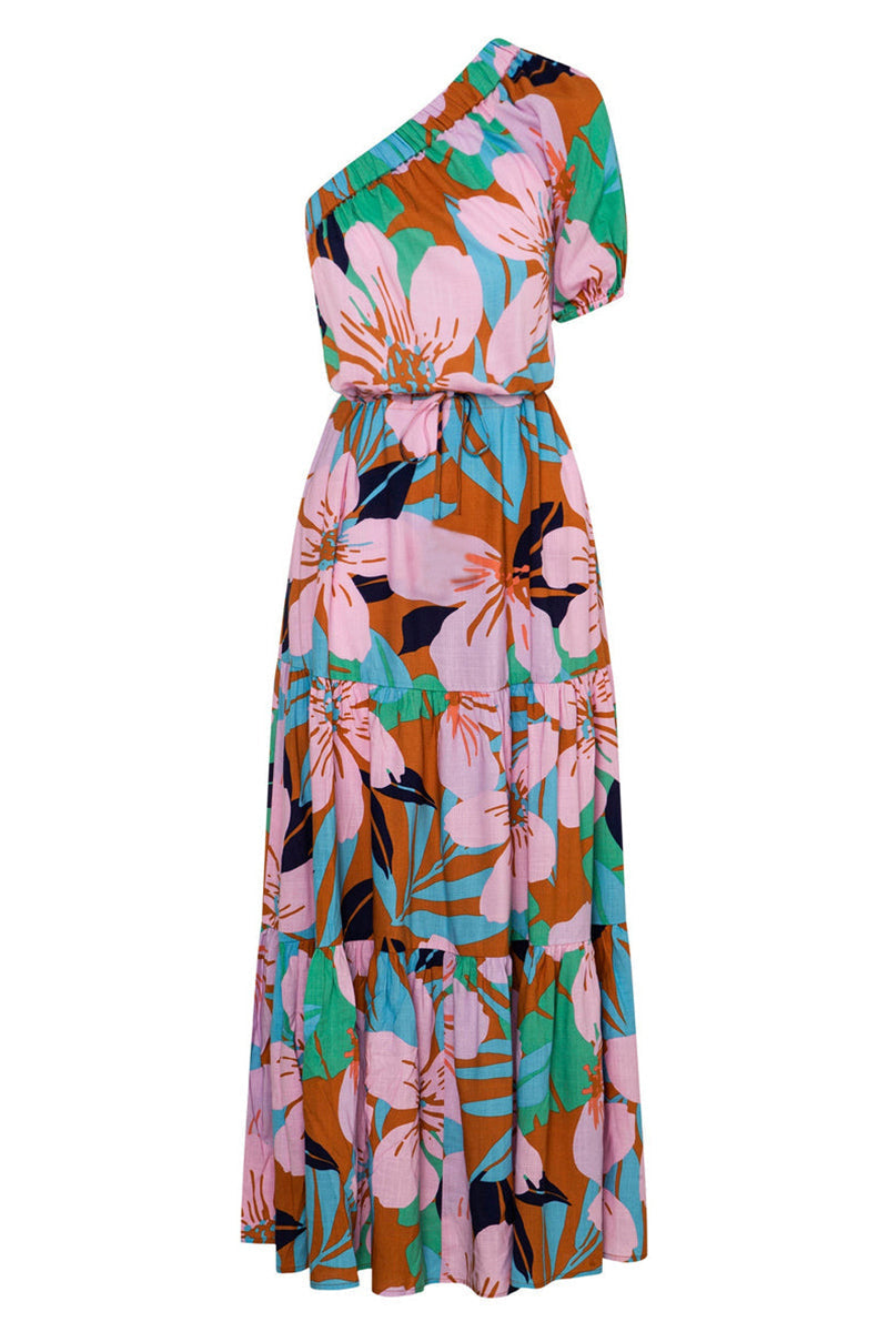 Dolores Statement Casual Holiday Dresses with Floral Frenulum, Backless, a Line Dress with Slanted Collar Occasion Edit