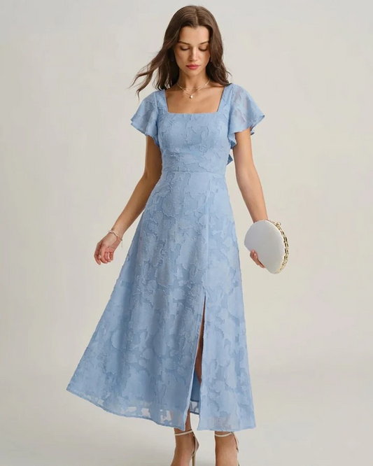 Dusty Blue Square Neck Flutter Sleeve Burnout Floral Back Tie Slit Midi Dress