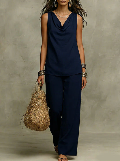 Effortless Drape Two-Piece Set - Sleeveless Cowl Neck Top & Wide Leg Pants