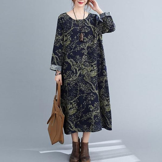 2020 Autumn Vintage Style O-neck Print Loose Comfortable Female Long Dresses