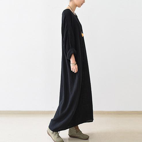 2021 Fall New Black Linen Dresses Plus Size Casual Maxi Dress