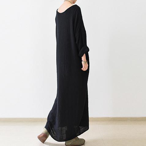 2021 Fall New Black Linen Dresses Plus Size Casual Maxi Dress