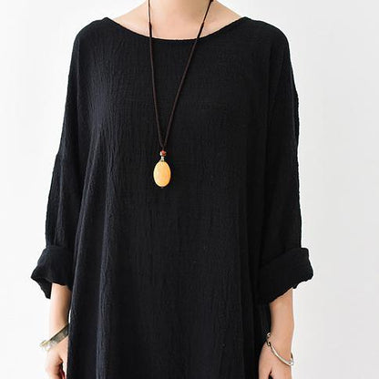 2021 Fall New Black Linen Dresses Plus Size Casual Maxi Dress