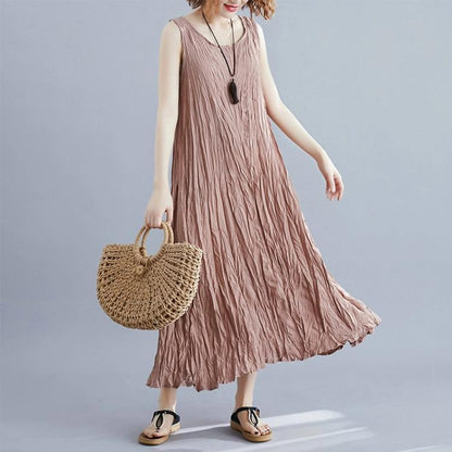 2021 Summer Pleated Solid Color Sleeveless Dress