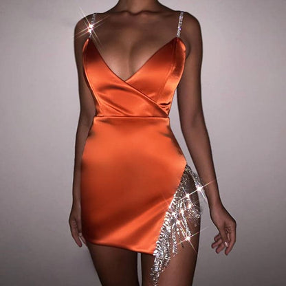 2022 Satin Dress Women  Glitter Diamond Club Party Mini Dresses