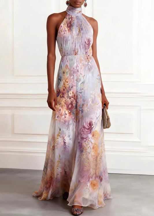 2026 New Hanging Neck Print Chiffon Long Dresses Sleeveless