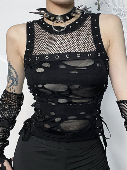 2024 Mall Gothic Sexy Hole See Through Laceup Streetwear Cyber Punk Rave Fashion Crop Top