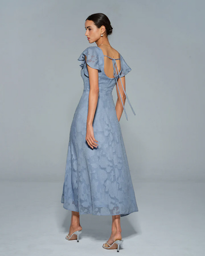 Dusty Blue Square Neck Flutter Sleeve Burnout Floral Back Tie Slit Midi Dress