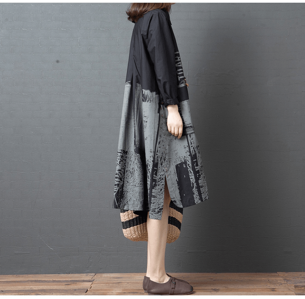 2020 Autumn Vintage Print Turn-down Collar Knee-length Female A-line Dresses
