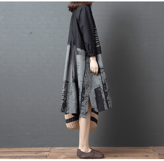 2020 Autumn Vintage Print Turn-down Collar Knee-length Female A-line Dresses