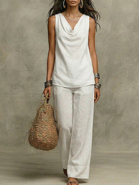 Effortless Drape Two-Piece Set - Sleeveless Cowl Neck Top & Wide Leg Pants