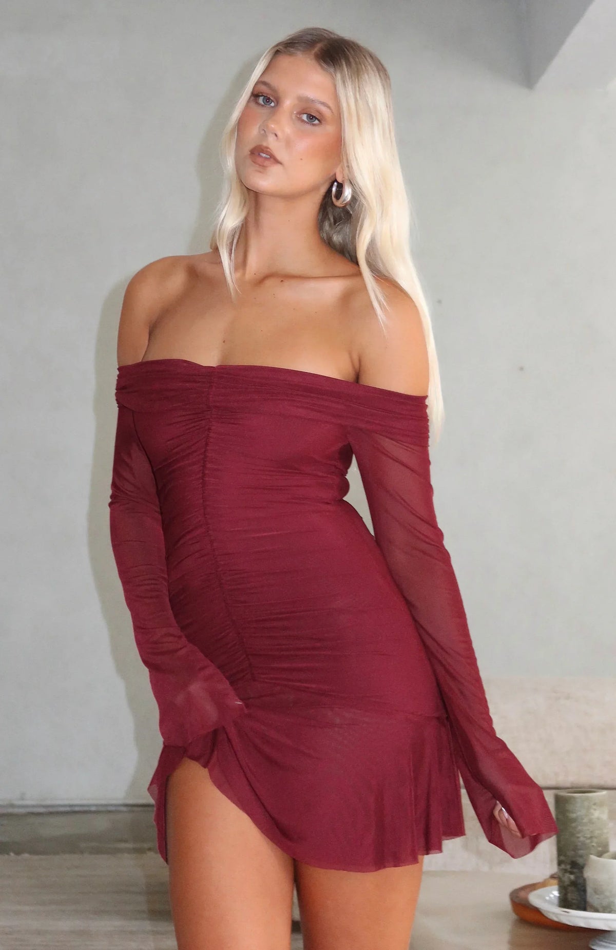 Dreaming Of Yesterday Long Sleeve Mini Dress Burgundy