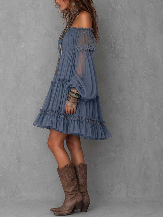 Dusty Blue Off-Shoulder Lace And Chiffon Mini Dress