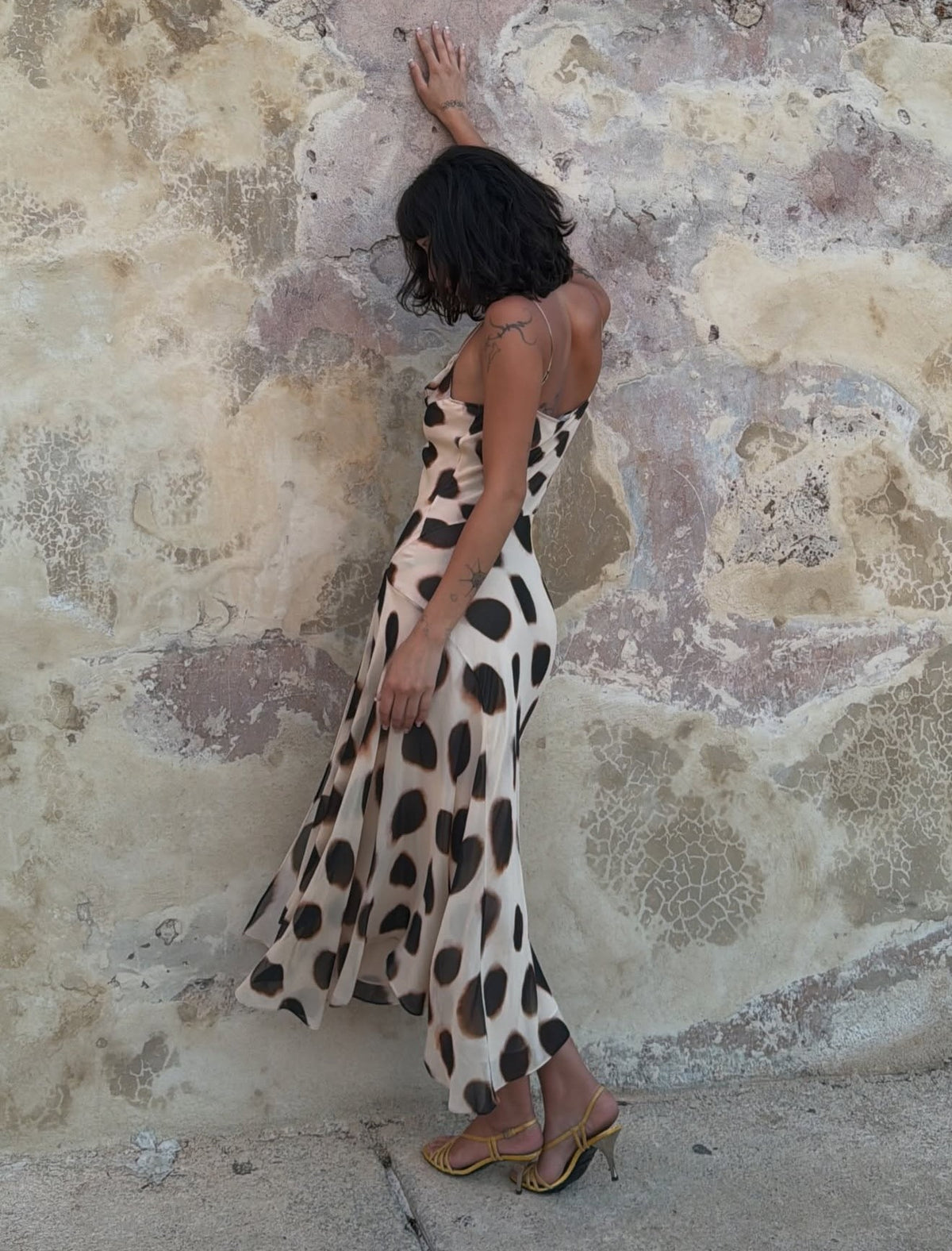 Draped Cowl Neck Polka Dot Print Slit Chiffon Slip Dress